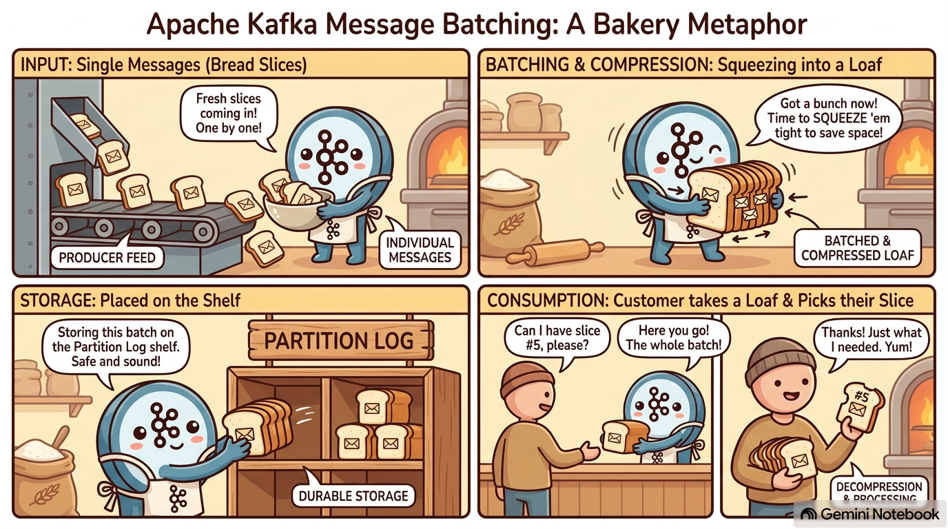 Four-panel bakery comic: individual bread slices arrive on a producer conveyor, get squeezed into a compressed loaf, the loaf is placed on a partition-log shelf, and a customer asking for slice #5 is handed the entire loaf to pick from